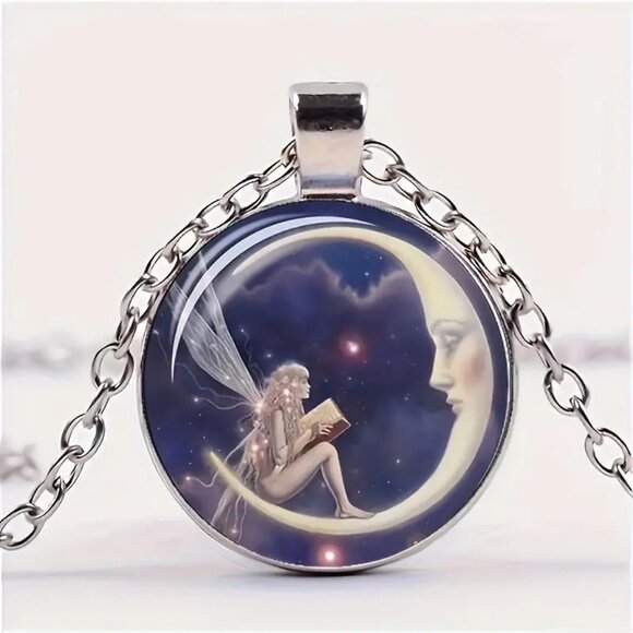 Silver MOON FAIRY Celestial Glass Cabochon Pendant Necklace - Picture 2 of 3